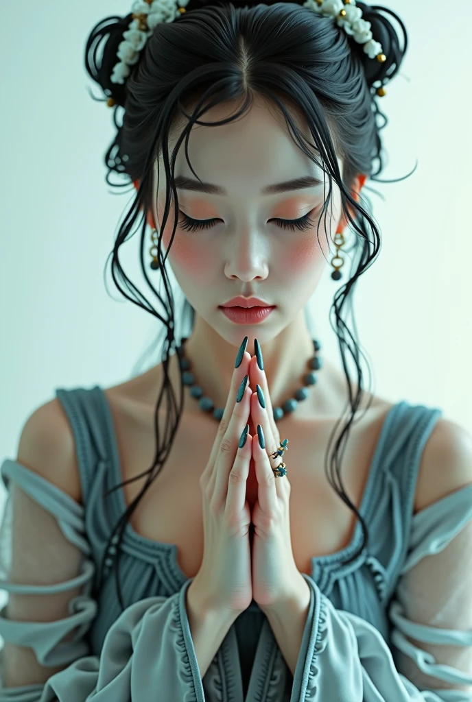 (photorealism:1.2), Oriental art woman, face with closed eyes, Strong art makeup for the face, mysterious hair hairstyle, relaxed pose, realistic, intricate details, long nail art, advertisement, white background