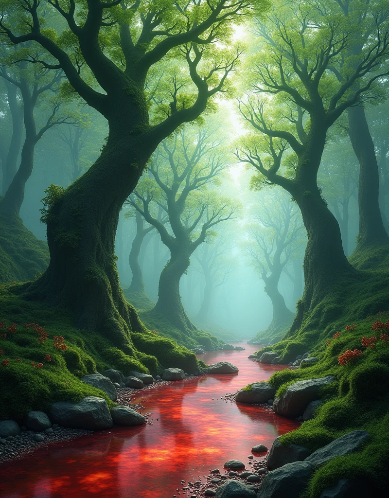 masterpiece, Highest quality, unity 8k wallpaper, Forest of Fairy Trees、Fog in the distance、Bright red stream、rock、gravel、Moss、