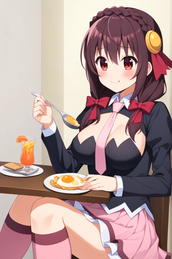 alone, One person, Yunyun, (Eating a delicious breakfast)、 (blush:1.2)、Crown braids of the same color as your hair, Red Eyes、hair ornaments, Hair Ribbon, Pink tie, Black long sleeve, Pink Skirt, Knee socks, Cleavage,Sitting on a chair