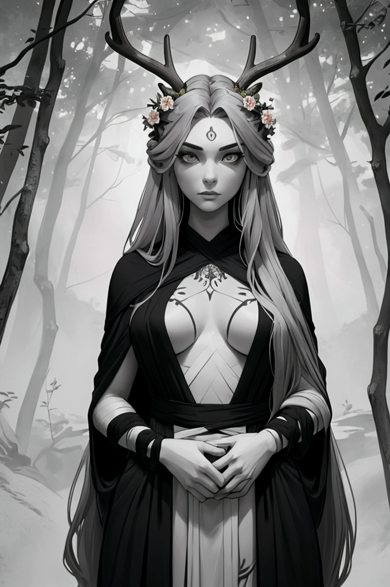 (Masterpiece: 1.2), (Gloomy color scheme), Beauty with long gray hair, Realistic eyes, beatiful face, Beautiful girl with a perfect body, Druid, with large deer antlers on the head, long straight hair, Flowers, entwined with branches, (The body is wrapped in black bandages), 8K high-quality detailed graphics, ((perfect anatomy)), stunning digital illustration, (Body symmetry: 1.2), Upper torso. Gray gloomy background, Dark Forest. Gloomy and hopeless, Dark dramatic lighting, vignette, Depth of field.