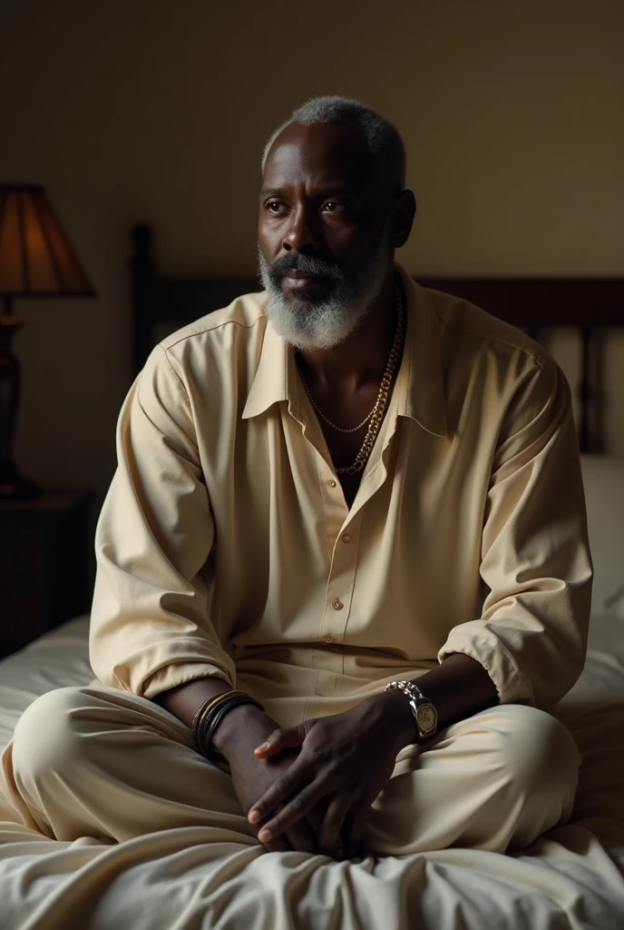 beautiful africa man sitting on bed, wearing