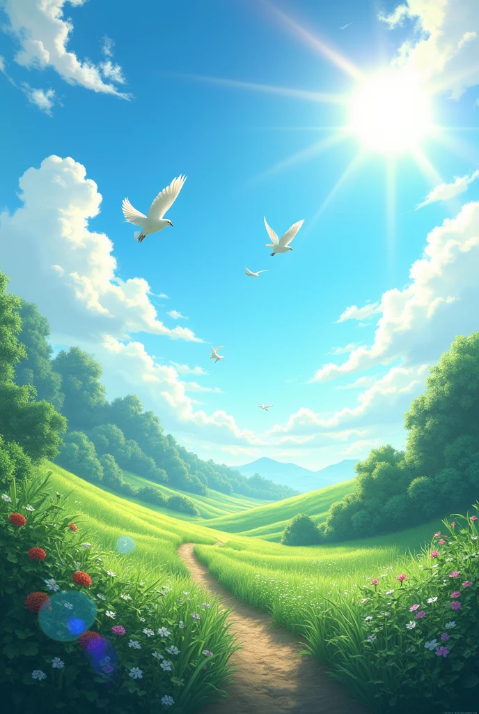 paisaje, blue sky, lots of vegetation, little white birds in the sky, sun shining and with a dark design