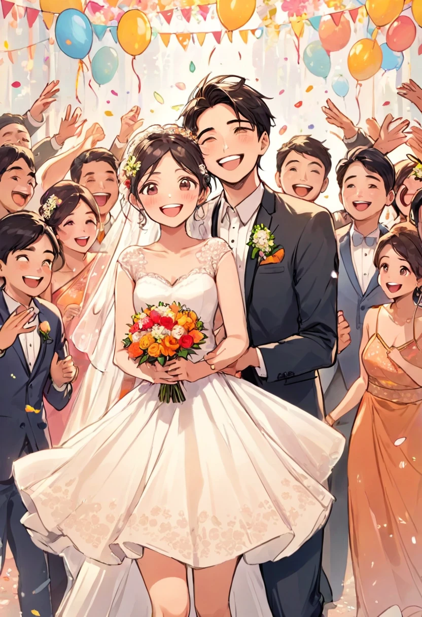 The Indian protagonist is in the position of someone celebrating at a wedding、Pop Comics、Celebrating with a flower shower、About 10 people are celebrating.、All smiles、The groom is handsome、The bride is pretty、The subjective view of the person celebrating