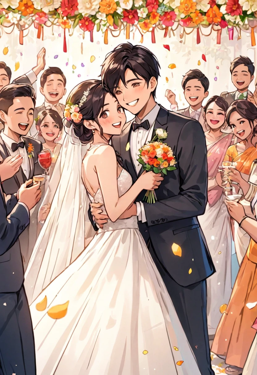 The Indian protagonist is in the position of someone celebrating at a wedding、Pop Comics、Celebrating with a flower shower、About 10 people are celebrating.、All smiles、The groom is handsome、The bride is pretty、The subjective view of the person celebrating
