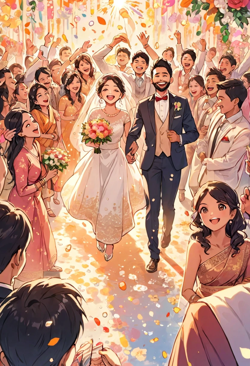 The Indian protagonist is in the position of someone celebrating at a wedding、Pop Comics、Celebrating with a flower shower、About 10 people are celebrating.、All smiles、The groom is handsome、The bride is pretty、The subjective view of the person celebrating