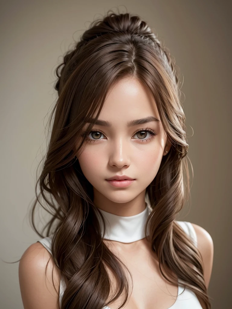 realistic image of a young woman with medium-length brown hair styled in soft waves. Her eyes should be sharp and direct, creating an intense yet inviting gaze that engages the viewer. Her lips should be slightly parted, conveying a warm and approachable expression. The lighting should be soft and even, accentuating her natural skin tone and creating a gentle glow. She should have a confident yet relaxed posture, with a subtle, engaging smile that complements her captivating eyes. wearing a chic white dress with matching tights. wearing a sleek white top. showing only faces