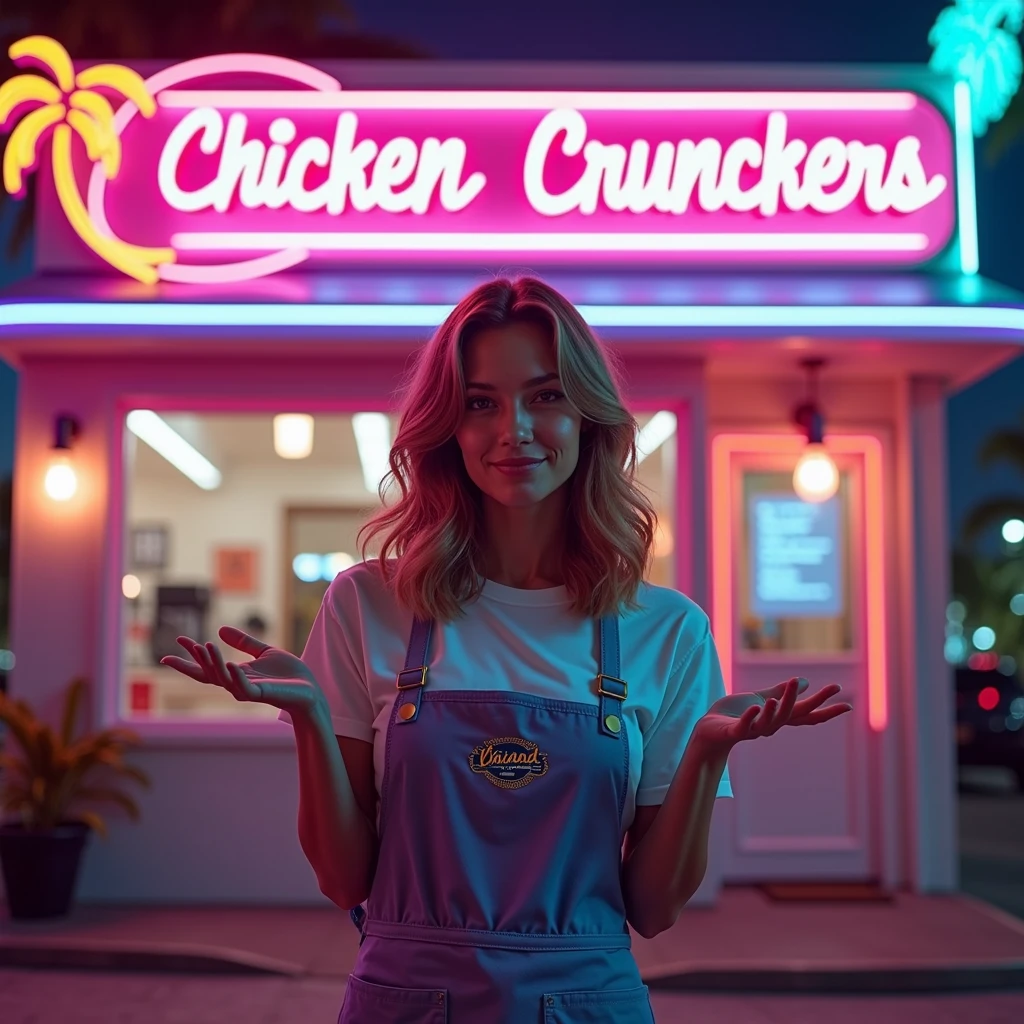 A highly realistic photograph in a 1:1 aspect ratio of a young woman standing confidently in front of a vibrant, Miami Vice-inspired fried chicken restaurant. The woman is in her early twenties, with bright, expressive eyes. Her shoulder-length hair is styled in loose waves, and she wears a clean, well-fitted uniform consisting of a branded apron over a simple, casual shirt. The apron prominently features the restaurant's logo, designed with a retro 80s aesthetic. The photo is captured using a Canon EOS R5 camera with a 50mm f/1.2L lens, providing a crisp focus on the subject while softly blurring the neon-lit background. The lighting is natural with an added touch of colorful neon, reflecting the vibrant and energetic atmosphere of the 80s, with hues of pink, blue, and purple casting a dynamic glow on the scene. The young woman is gesturing with an open hand, as if warmly inviting you to come inside and enjoy a meal. In the background, the restaurant's sign is clearly visible, boldly displaying 'Chicken Crunchers' in bold, retro-style lettering, surrounded by neon lights and palm tree motifs. The entrance exudes a fun, nostalgic Miami Vice vibe with pastel colors, neon accents, and an overall 80s flair. The composition captures the essence of hospitality with a cool, retro twist, making the restaurant an inviting spot in the vibrant world of Miami nightlife
