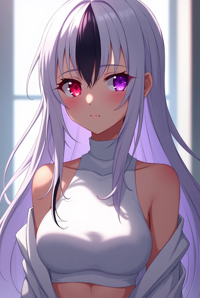 Female anime chraracter that has a tan skin and long white hair with black streak on the bangs and the bangs is and has a purple color eye on the right and red eye on the left with a white croptop turtleneck