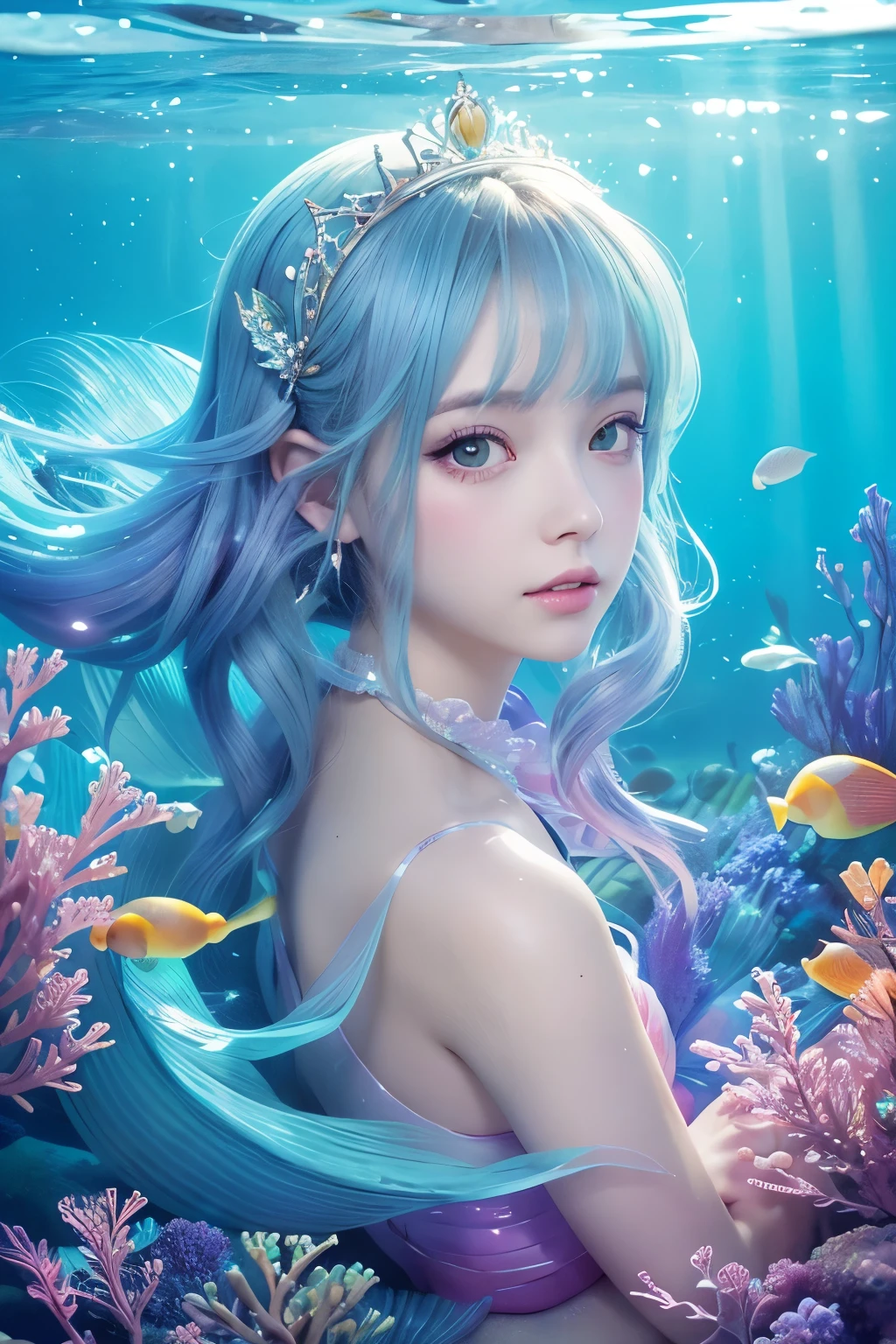 Digital art, digital anime art style, soft light, underwater city, where mermaids live, transparent world, transparent, sheer, mermaid princess, sunken city, underwater, shining, fantasy digital art, beautiful, transparent aesthetics, detailed image, accurate art, accurate reproduction, beautiful mermaid, princess mermaid, cute and beautiful, anime face, mermaid with a cute doll-like face