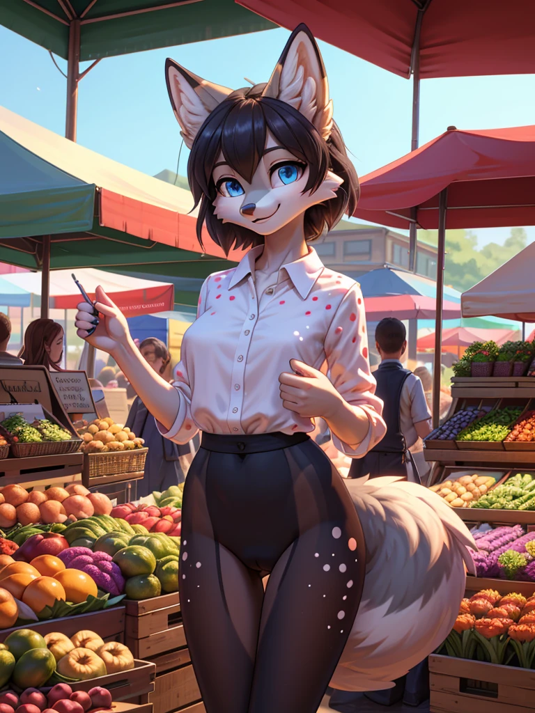 Beautiful, (masterpiece), high quality, perfect lighting, Highly detailed CG Unity 8k wallpaper, High resolution, perfect lighting, youthful, slim, skinny, frail slender figure, slim thighs, distinctly feminine figure, narrow hips, long legs, close-up shot, huge plump breasts, Anthropomorphic fox character, CG Unity, youthful, slim, beautiful feminine figure, narrow hips, fluffy fuzzy volumetric white and gray fur, wearing a playful outfit with a polka-dot blouse, silk pantyhose, at a bustling farmer's market, comparing her body with a human who is admiring her fluffy tail and fur, cheerful smile, bright blue eyes, market stalls filled with fresh produce and flowers in the background, pressed together