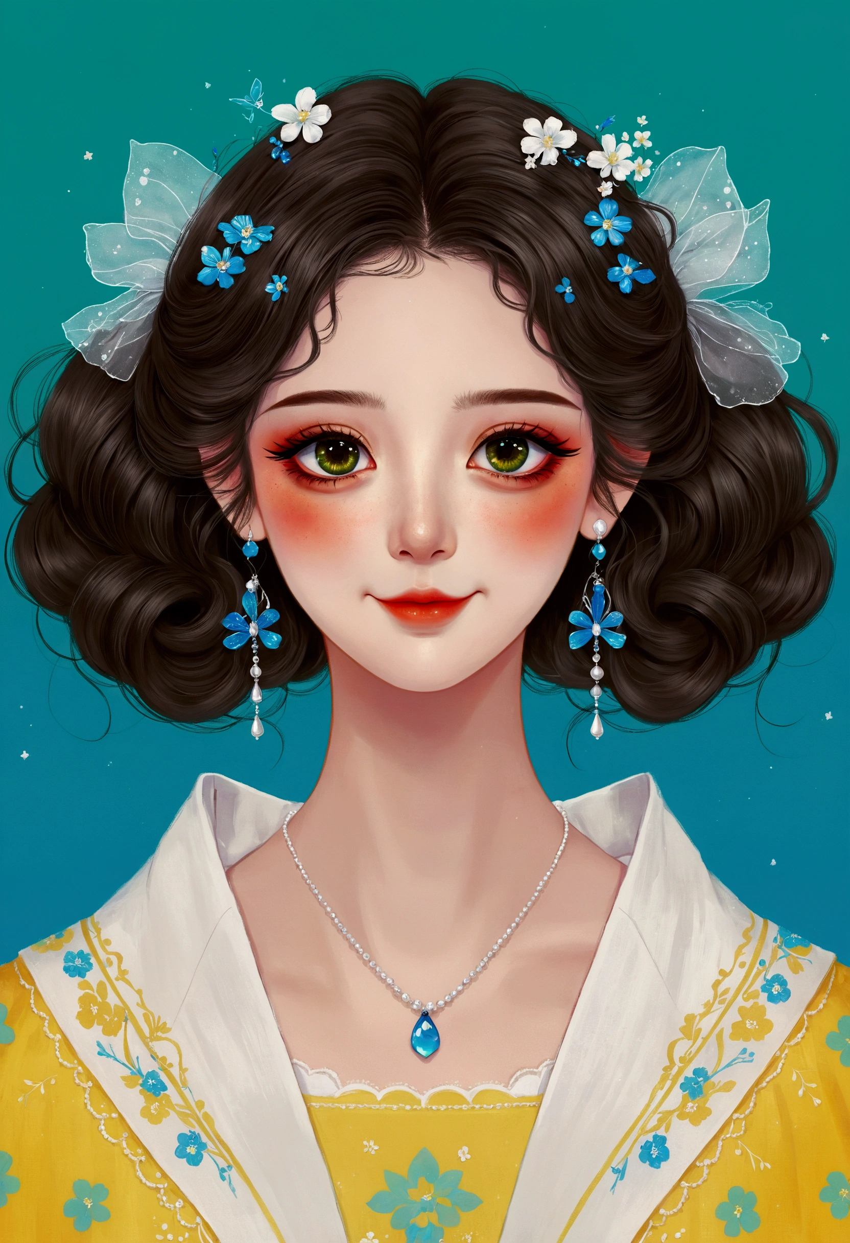Detailed digital anime art,Cute digital illustration,Anime style girl portrait,Smile,solitary,symmetry,Gradient hair,Colorful big eyes,Fashionable and exquisite facial features,Exquisite makeup,Beautiful hairstyle,hairpin,Clean and simple background