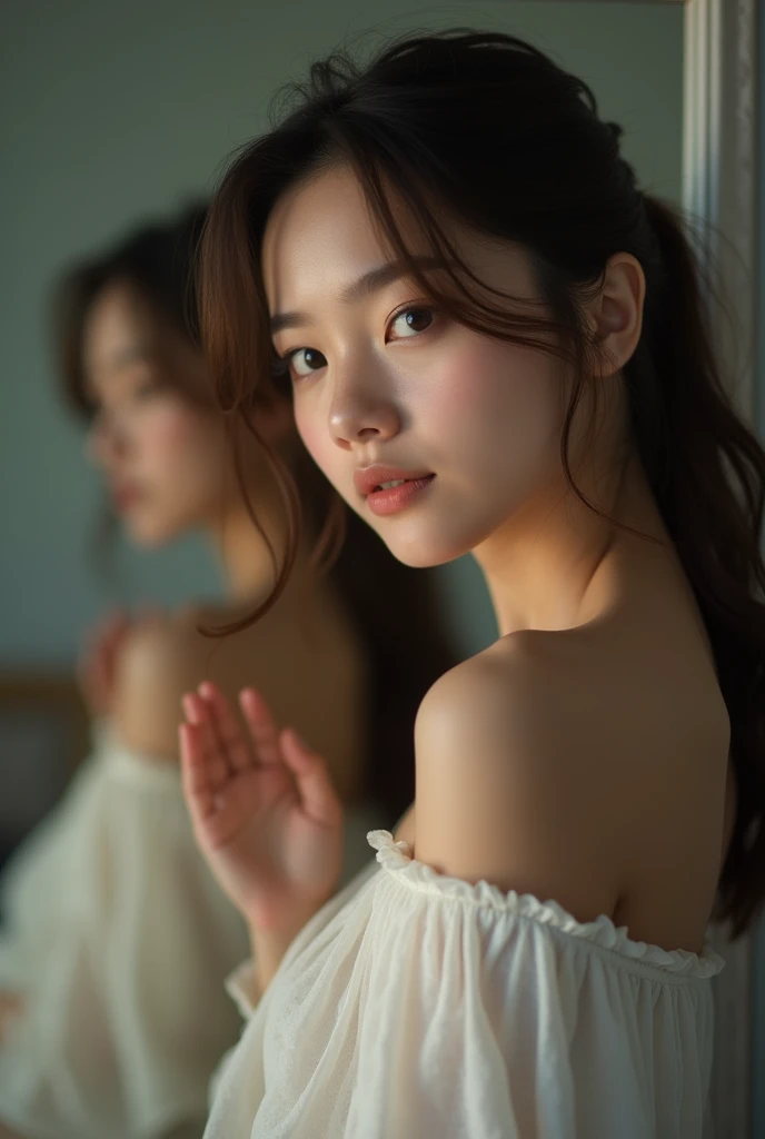 Background blur room mirror iPhone pose 18 years cute girl
