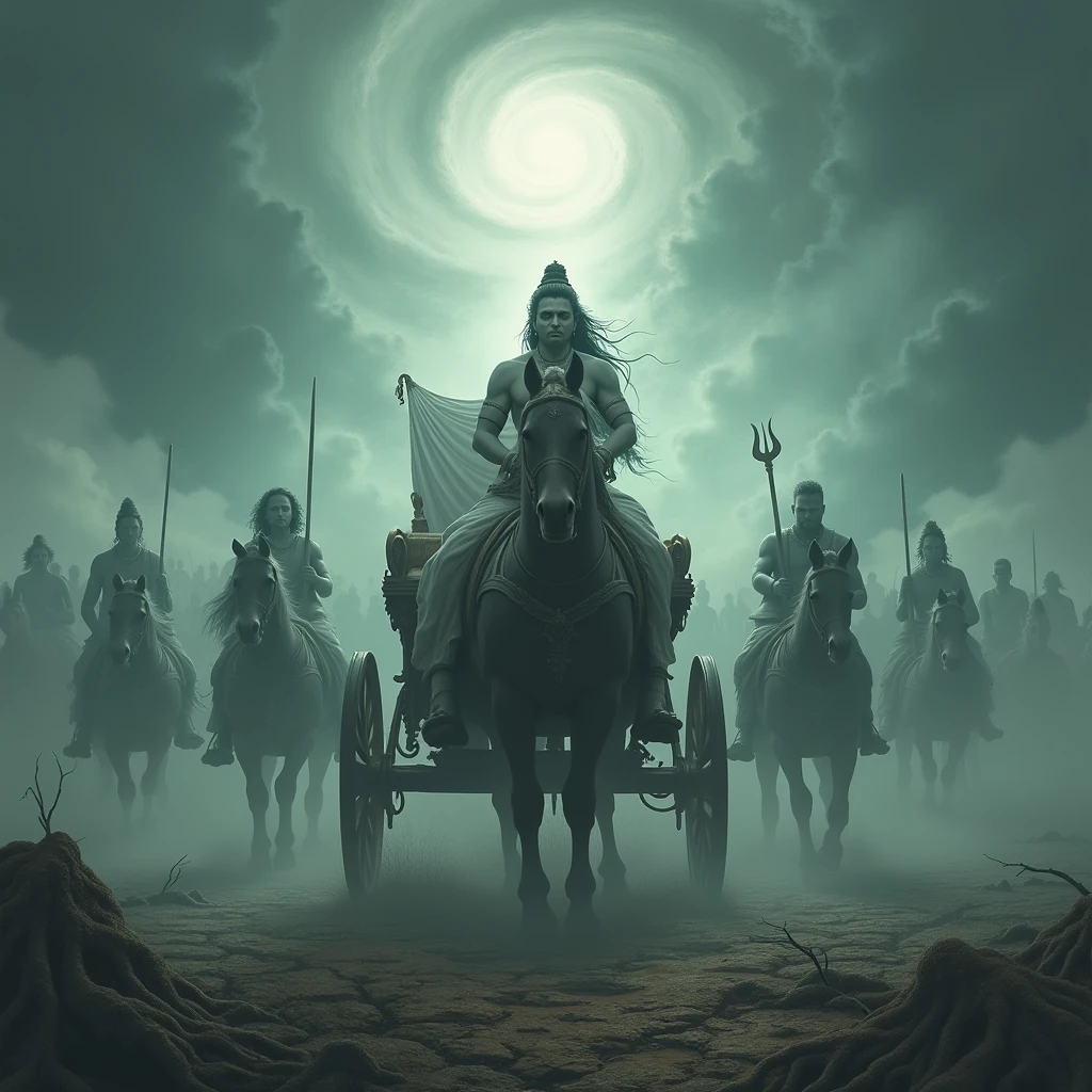 Visualize a battlefield where Arjuna is surrounded by ghostly apparitions of his ancestors, their expressions filled with sorrow and warning. His chariot is at the center, with Krishna standing calmly beside him, emanating a serene aura. The sky above them is heavy with swirling clouds, reflecting the inner turmoil. In the distance, the Kaurava army appears as shadowy figures, obscured by a dense fog, representing greed and ignorance. The ground beneath Arjuna is cracked, with roots of ancient family trees breaking through, symbolizing the fragile nature of lineage and the burden of ancestral responsibility. The overall atmosphere conveys tension, inner conflict, and a deep moral dilemma