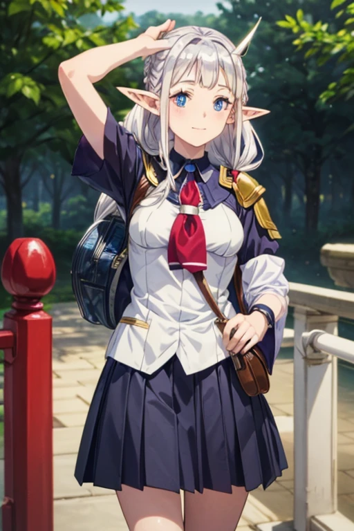 best quality, masterpiece, highly detailed, ruu rurushi, 
light smile, closed mouth,
grey hair, long hair, blue eyes, pointy ears, (hair over shoulder:1.4),
School uniform, white shirt, medium breasts, half body, arm up, blue skirt,
Standing, looking at the viewer,
Outdoor