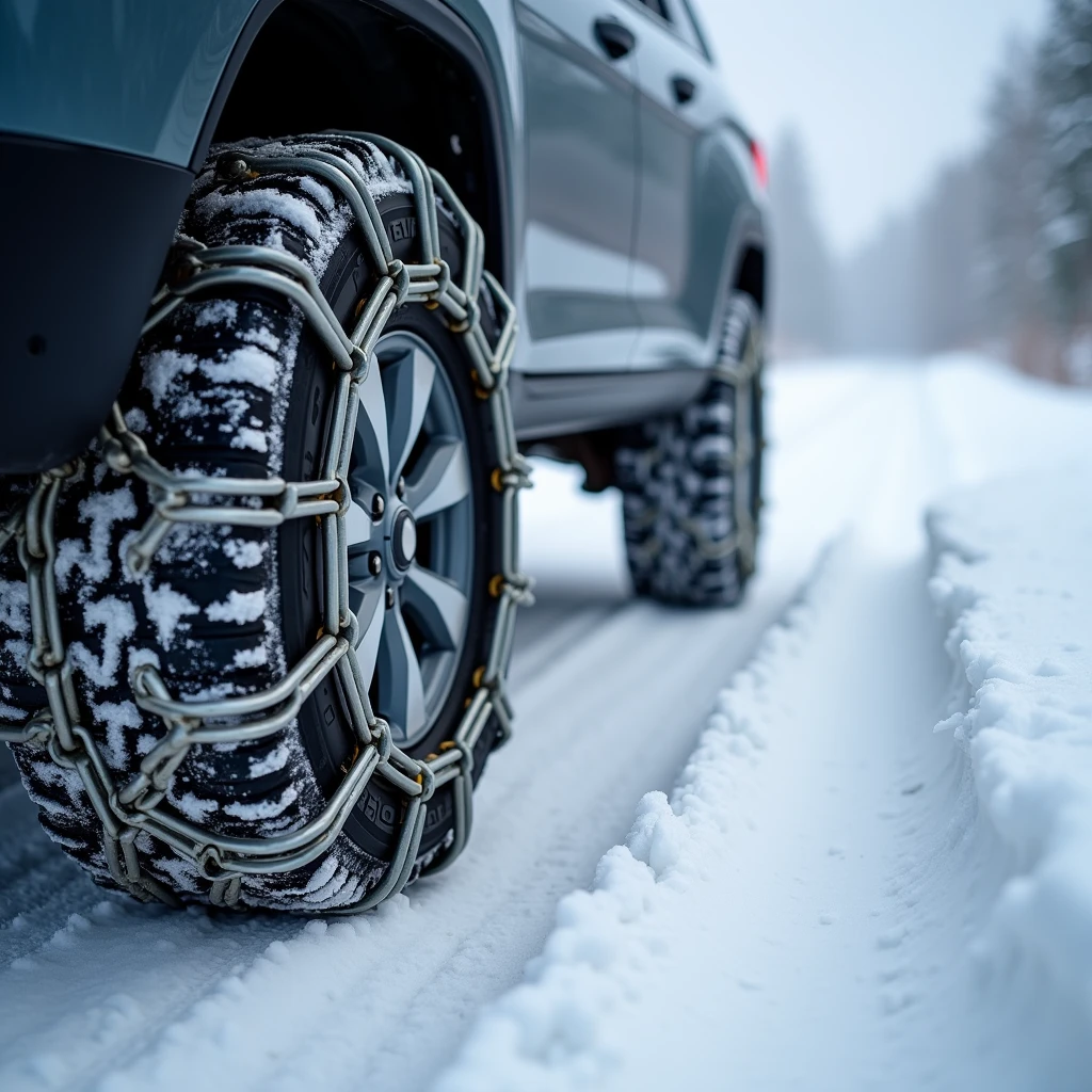 snow chains, close-up, snow covered roads,