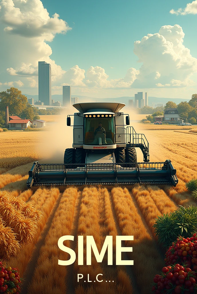 write boldly "Sime PLC..." at the bottom, combine harvester on a huge farm land, a tall building on a far behind, cars and A Home close to the land ,different kind of farm products on th land, a shade made of glass on the land,a big water source on the side, 