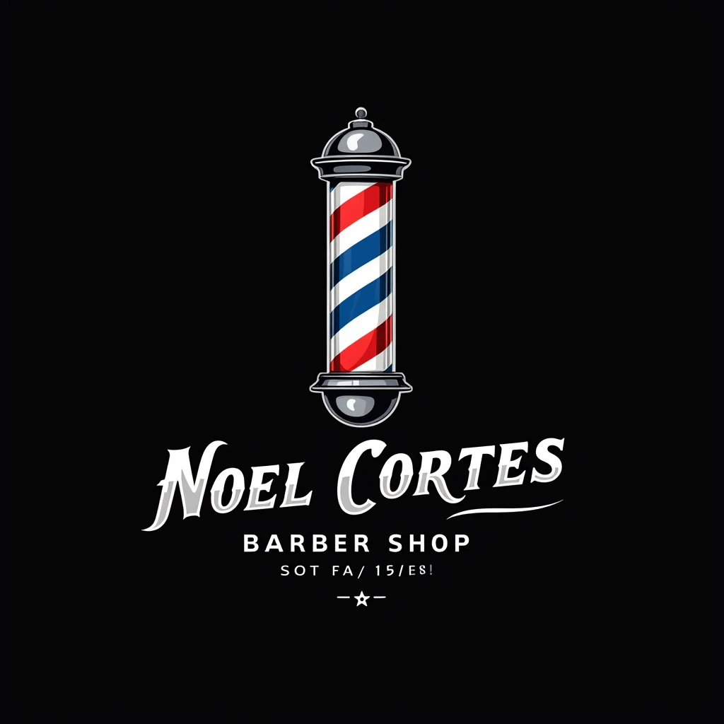 Faça uma logo de barbeiro com um símbolo 💈azul vermelho e branco escrita "Noel Cortes" with black background and detailed font with barber theme