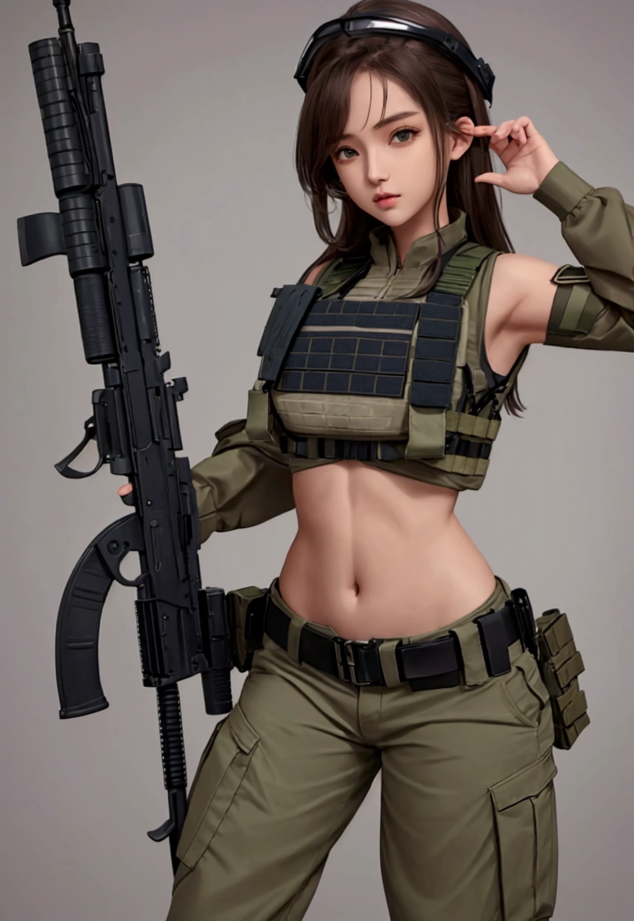 girl in crop top military bulletproof vest see through clothes inside  , military green cargo pants, belt, military helmet, tactical, (open navel), 