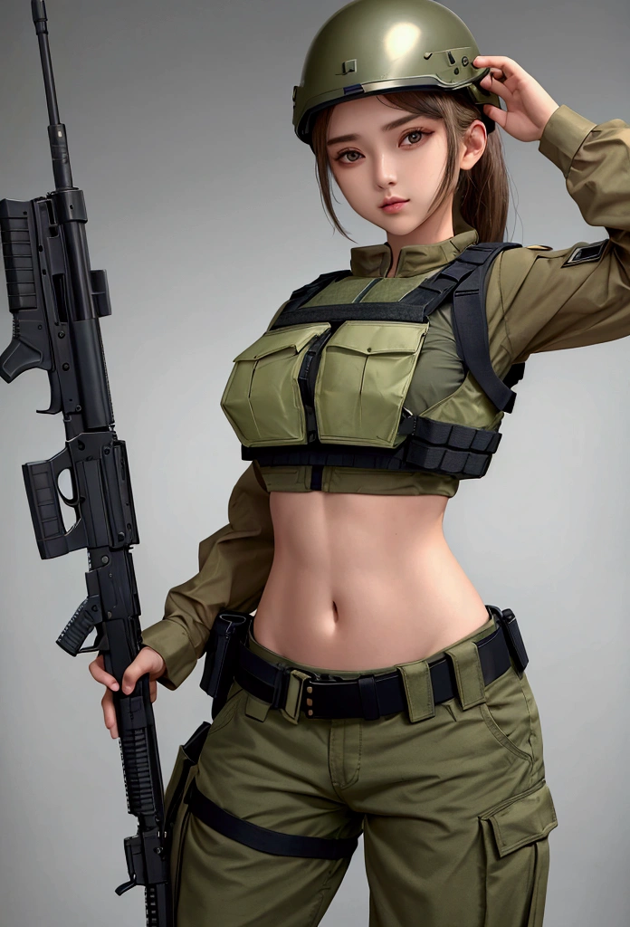 girl in crop top military bulletproof vest see through clothes inside  , military green cargo pants, belt, military helmet, tactical, (open navel), 