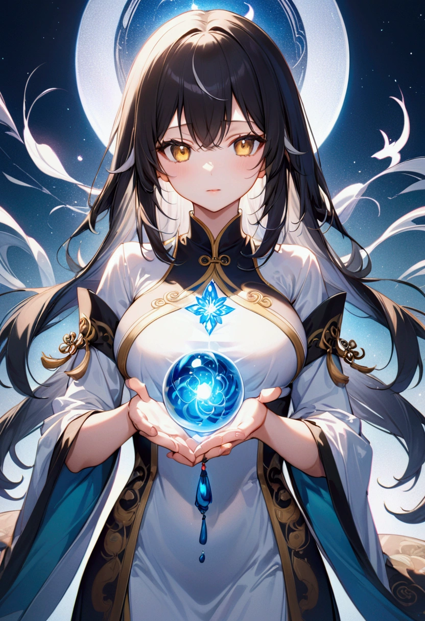 Adult Anime girl with long straight still black hair with white highlights, golden eyes,taoist dress, detailed body, detailed eyes, masterpiece, best quality, aesthetic, standard pose, 8k, high resolution, ultra-sharp.