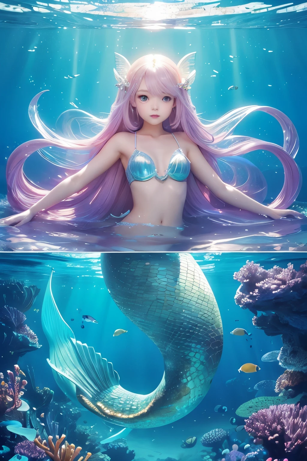 Digital art, digital anime art style, soft light, underwater city, where mermaids live, transparent world, transparent, sheer, mermaid princess, sunken city, underwater, shining, fantasy digital art, beautiful, transparent aesthetics, detailed image, accurate art, accurate reproduction, beautiful mermaid, princess mermaid, cute and beautiful, anime face, mermaid with a cute doll-like face