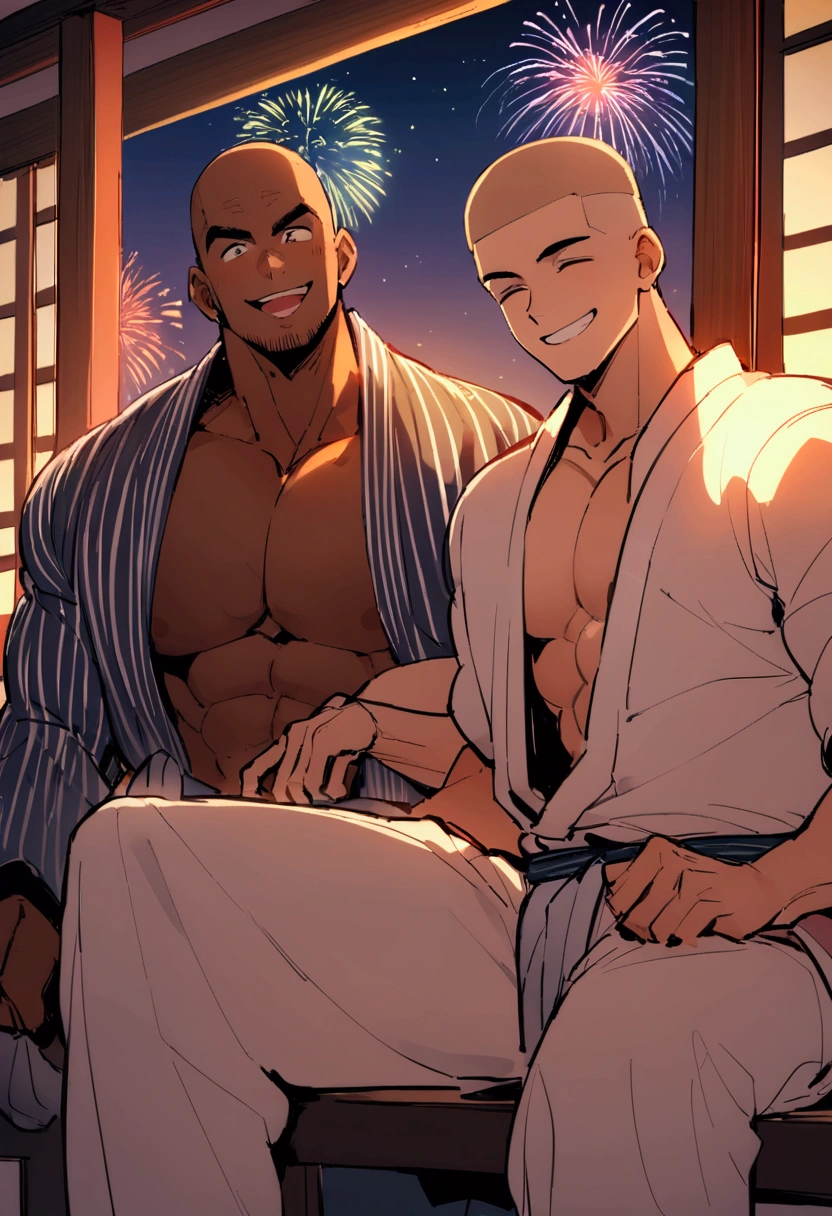 Highest quality、Midsummer evening、Short Hair、Sports haircut、Big macho man、A pair of muscular men wearing yukatas watching fireworks on the veranda、Happy face、Pectoralis major、Abdominal muscles、Brown skin、Shaved head