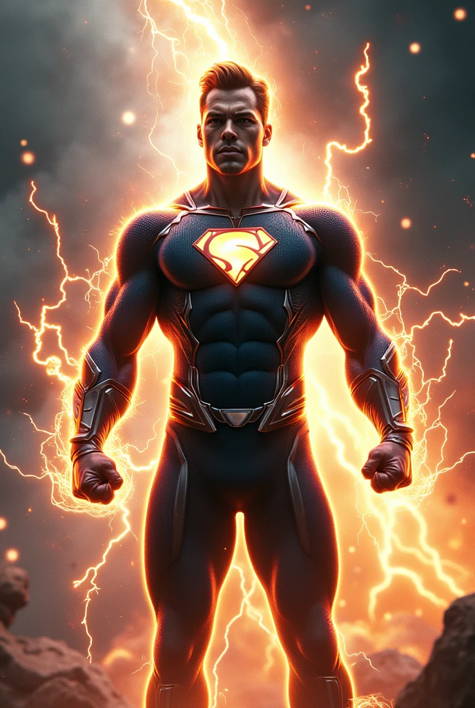 Male super shock, with clothese, receiving electricity and many rays coming out of the eyes 