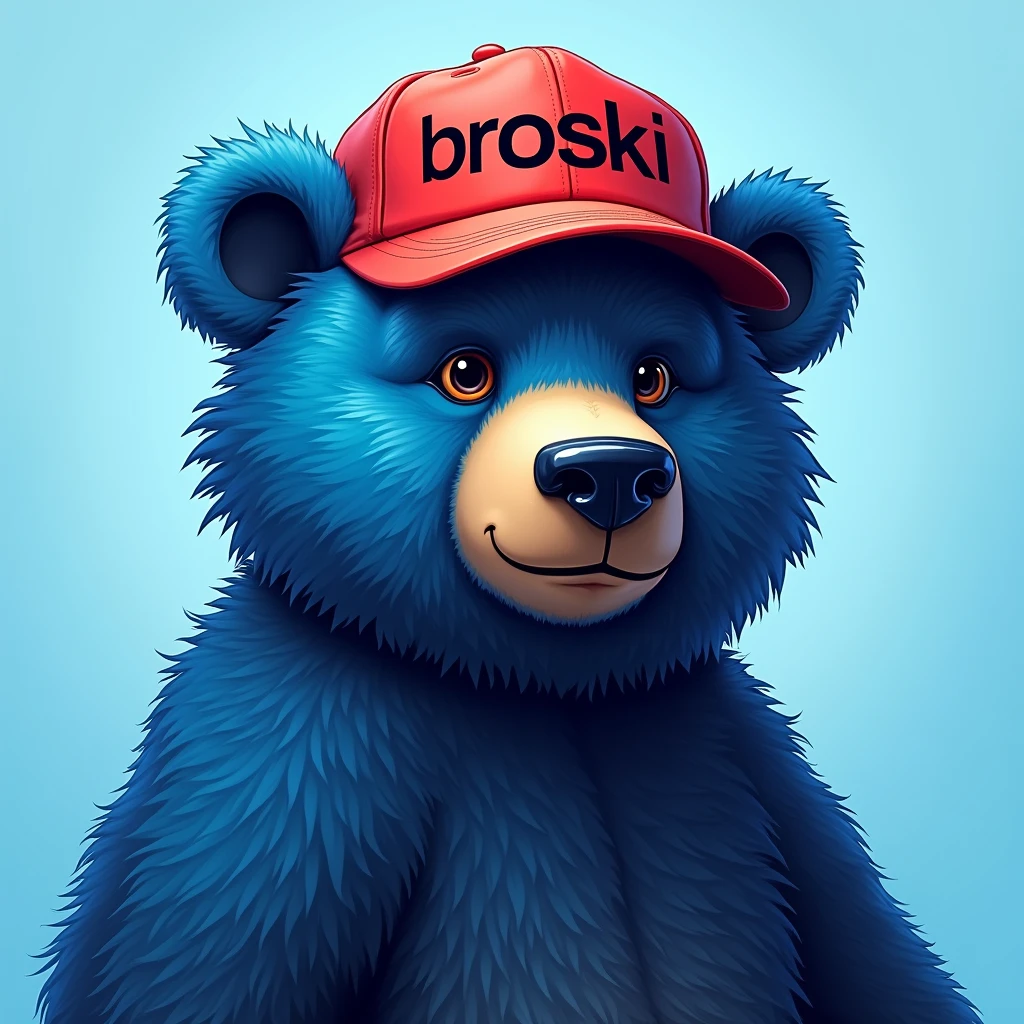 blue bear , light blue background , edgy , portrait , noble , red hat broski summer , write broski on your hat in capital letters