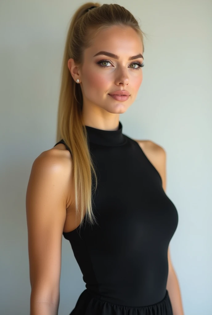A very realistic and detailed photo of beautiful italian woman wearing black skirt, perfect makeup, long sleek straight ponytail blonde hair, high quality photo 4k, very detailed, perfect fit, looking at the camera, detailed realistic face, detailed eyes, confident 