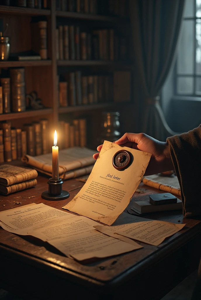 A background with a slightly dark room, with scrolls and papers scattered around. A table almost in the center with an inkwell, scrolls and a lit candle. On the front a hand showing a closed letter with a rustic seal in the shape of a lamb's head. And written in the bottom right: "First Letter"