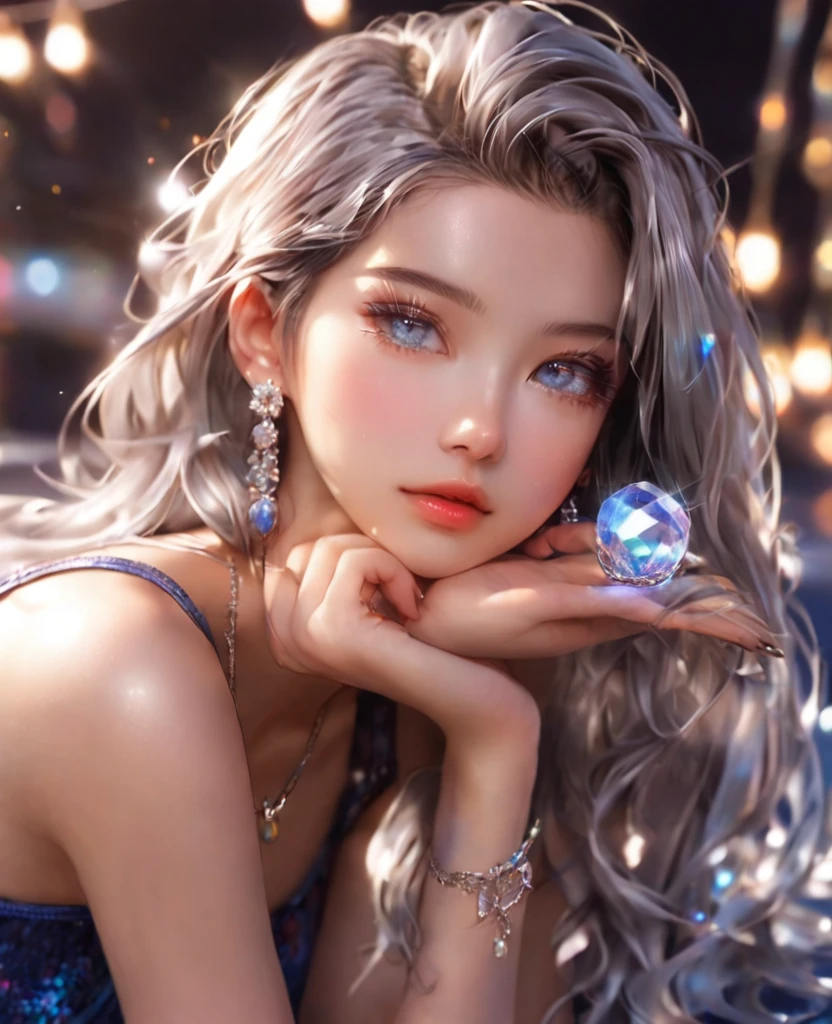 8K,an extremely delicate and beautiful,Beautiful and realistic skin,fullbody,Shiny jewel-like earrings,like glitter silver hair,beautiful blue eyes,tanktop,jeans,asian cute girl,
