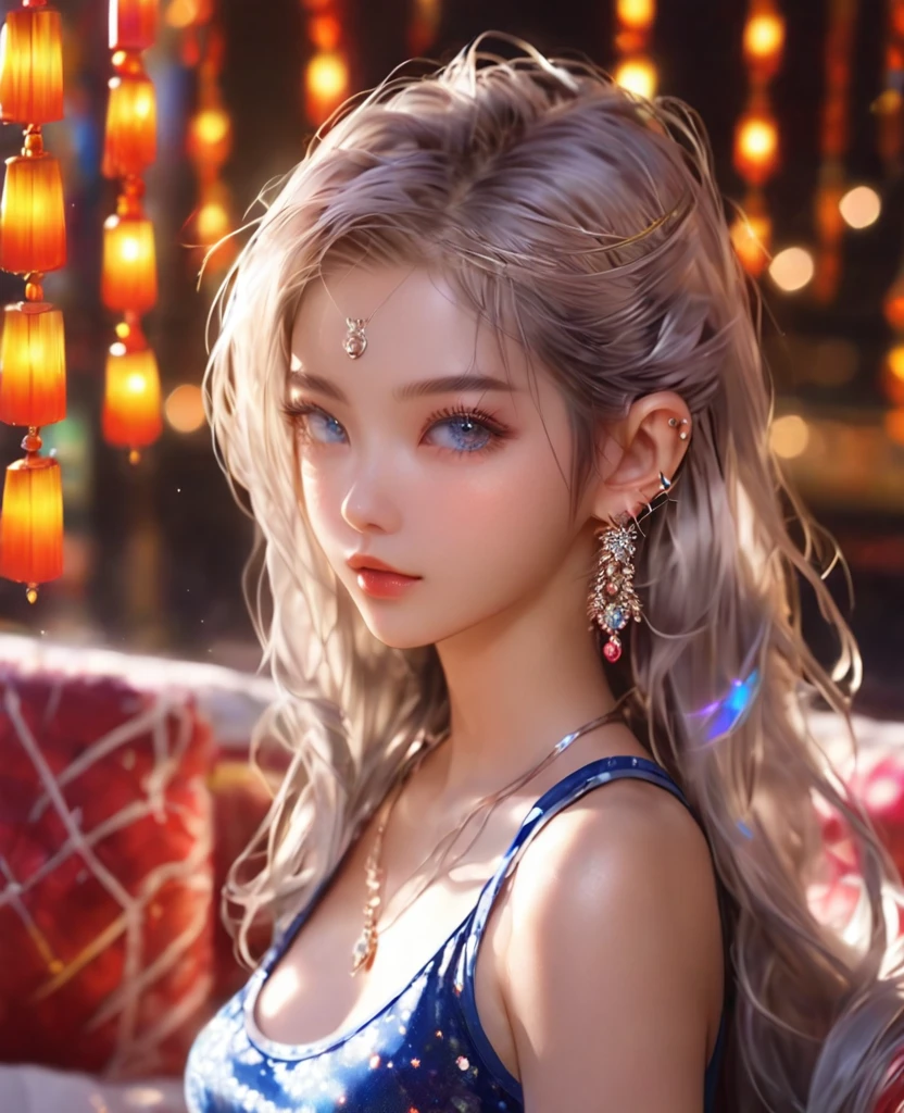8K，an extremely delicate and beautiful,Beautiful and realistic skin,fullbody,Shiny jewel-like earrings,like glitter silver hair,beautiful blue eyes,tanktop,jeans,asian cute girl,