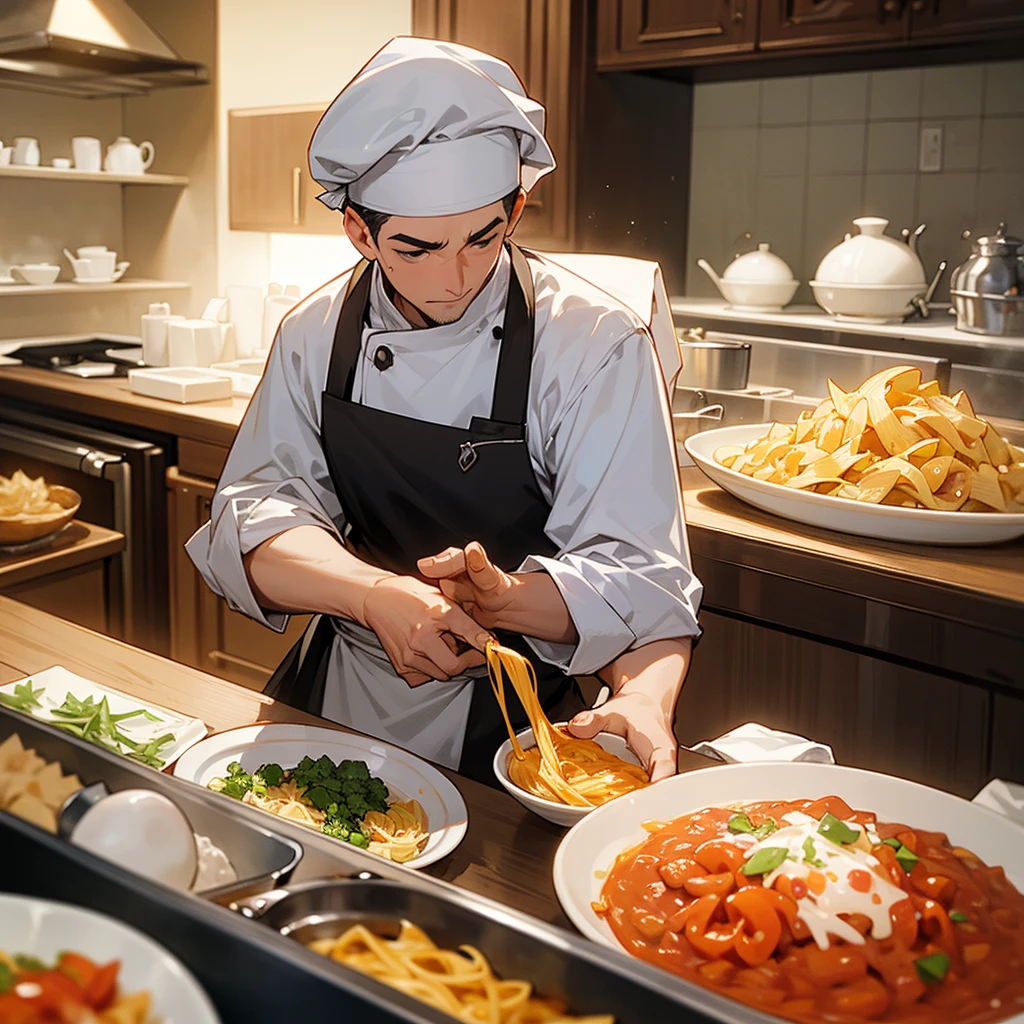 Here’s a description of a chef’s activities in English:

**The chef in the PORTPT kitchen expertly prepares various dishes.** He carefully **selects and prepares fresh ingredients** like vegetables, pasta, and spices. **Chopping vegetables** with precision, he ensures that each dish is cooked to perfection. **The chef seasons the dishes with a blend of spices** to enhance their flavors, and he skillfully **cooks a variety of meals**, ranging from simple pasta dishes to more complex creations. **Every detail is meticulously attended to** as the chef brings out the best in each ingredient.