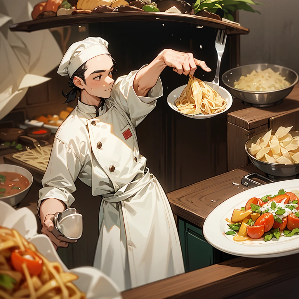 Here’s a description of a chef’s activities in English:

**The chef in the PORTPT kitchen expertly prepares various dishes.** He carefully **selects and prepares fresh ingredients** like vegetables, pasta, and spices. **Chopping vegetables** with precision, he ensures that each dish is cooked to perfection. **The chef seasons the dishes with a blend of spices** to enhance their flavors, and he skillfully **cooks a variety of meals**, ranging from simple pasta dishes to more complex creations. **Every detail is meticulously attended to** as the chef brings out the best in each ingredient.