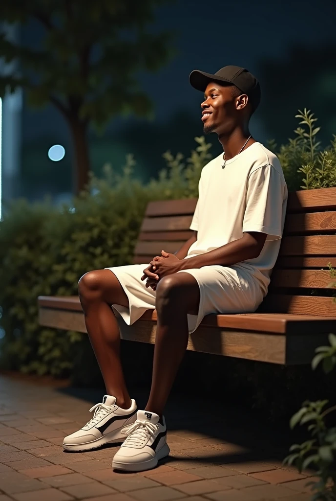 best qualityer:1.4), (ultra high resolution:1.2), (photorrealistic:1.4), (8k, CRU photo:1.2), a thin young man of 20 years old, skin black, with a smooth, beardless face, corte de cabelo buzzcut. is sitting casually on a wooden bench outdoors, with a relaxed smile on his face. He wears a loose white t-shirt, white shorts and white sneakers with black details. He's wearing a black cap. Ao fundo, there is vegetation with bushes and trees, suggesting a quiet, urban environment. The lighting is night. It's looking to the side. He has a thin build.