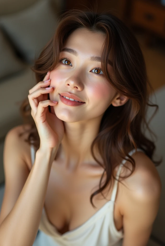 Placing hand on cheek, look up, A close-up of your face、5 biologically correct fingers、Cleavage、Realistic, Real person, (青whiteい肌: 1.2), RAW Photos, Realistic, Glowing Skin, Shiny Hair、(A 2 woman with medium-length hair and bangs) and (Wavy Hair) and (Brown Hair) and (Orange eyes) , (Sundress:1.3) and (white) 、(blush, Grin:1.3), Open your mouth, The background is the living room、alone、Are standing