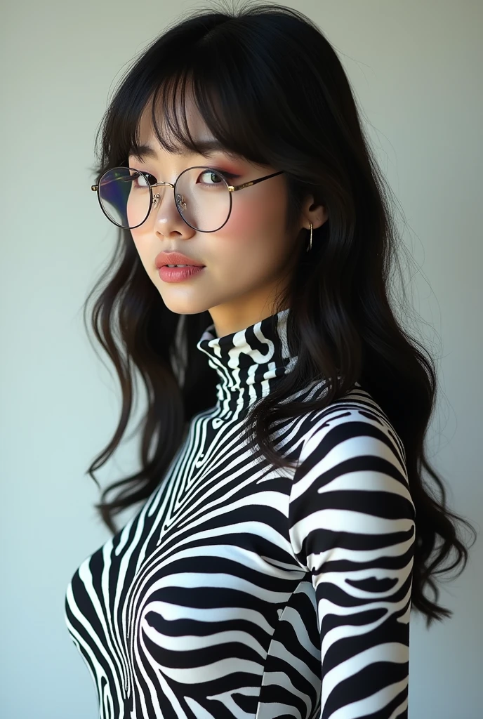 a most beautiful Chinese Asian woman named Tiaw Li Yin with a pair of glasses wears zebra print turtleneck zentai unitard catsuit.She always wear zebra print dancewear hood covered with stripes.