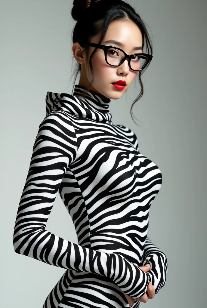 a most beautiful Chinese Asian woman named Tiaw Li Yin with a pair of glasses wears zebra print turtleneck zentai unitard catsuit.She always wear zebra print dancewear hood covered with stripes.