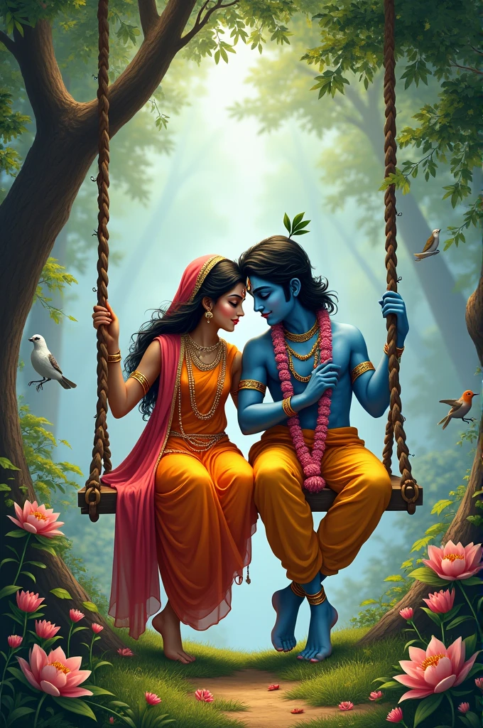 Hindu god Krishna seating on swing with Radha and animals and birds with Radha with a beautiful greenery