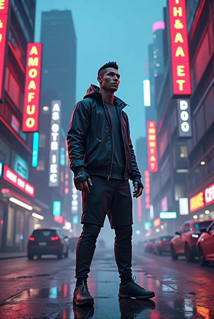 Cristiano Ronaldo stand in cyberpunk neon city with the name of Ameer  Hamza writes on a building 