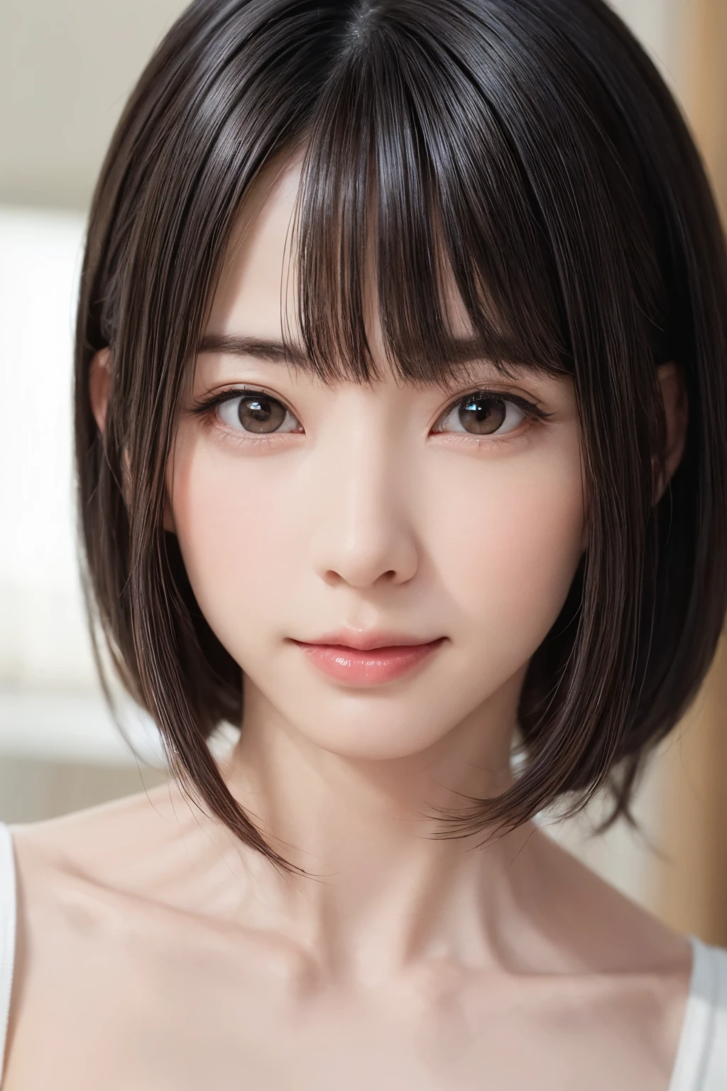 ((masterpiece, Highest quality, High resolution、Realisticですべてが美しく詳細に描かれている)), 1 person, (Realistic: 1.4), alone, White Background, snow-White Background, Mouth closed, smile, smile, Beautiful black hair, short hair, Big eyes, Transparent double eyelids, eyelash, Listen carefully, Long neck, 美しくLong neck, Absolute area, ((Face close-up)), (Draw the whole head, shoulder), 1, Attractive proportions, Glowing Skin, Beautiful clavicle, Golden ratio face, Perfect Face, Teardrop-shaped mole, chestのほくろ, bangs, clean bangs, beautiful bangs, Lip gloss, Thin lips, Fair skin, naked, Big Breasts, {Huge|big|Hugeな|Mega} chest:2, chestの谷間:2,chestの谷間を見せる、Small face, Small face, All the heads are painted, shoulder all drawn, Point slightly above the camera