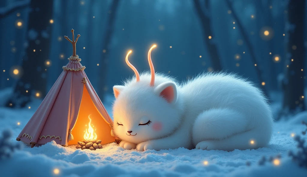 "A fluffy white fantasy creature sleeping peacefully on snow, eyes gently closed. Its small round body curled up, soft fur gleaming in the dim light. Long antennae curve above its head, their tips softly glowing. Beside it, a small tent emits a warm glow from a campfire inside. Snowy forest background at night, with magical sparkles and snowflakes floating in the air. A serene and enchanting atmosphere, depicting deep slumber amidst winter wonder."