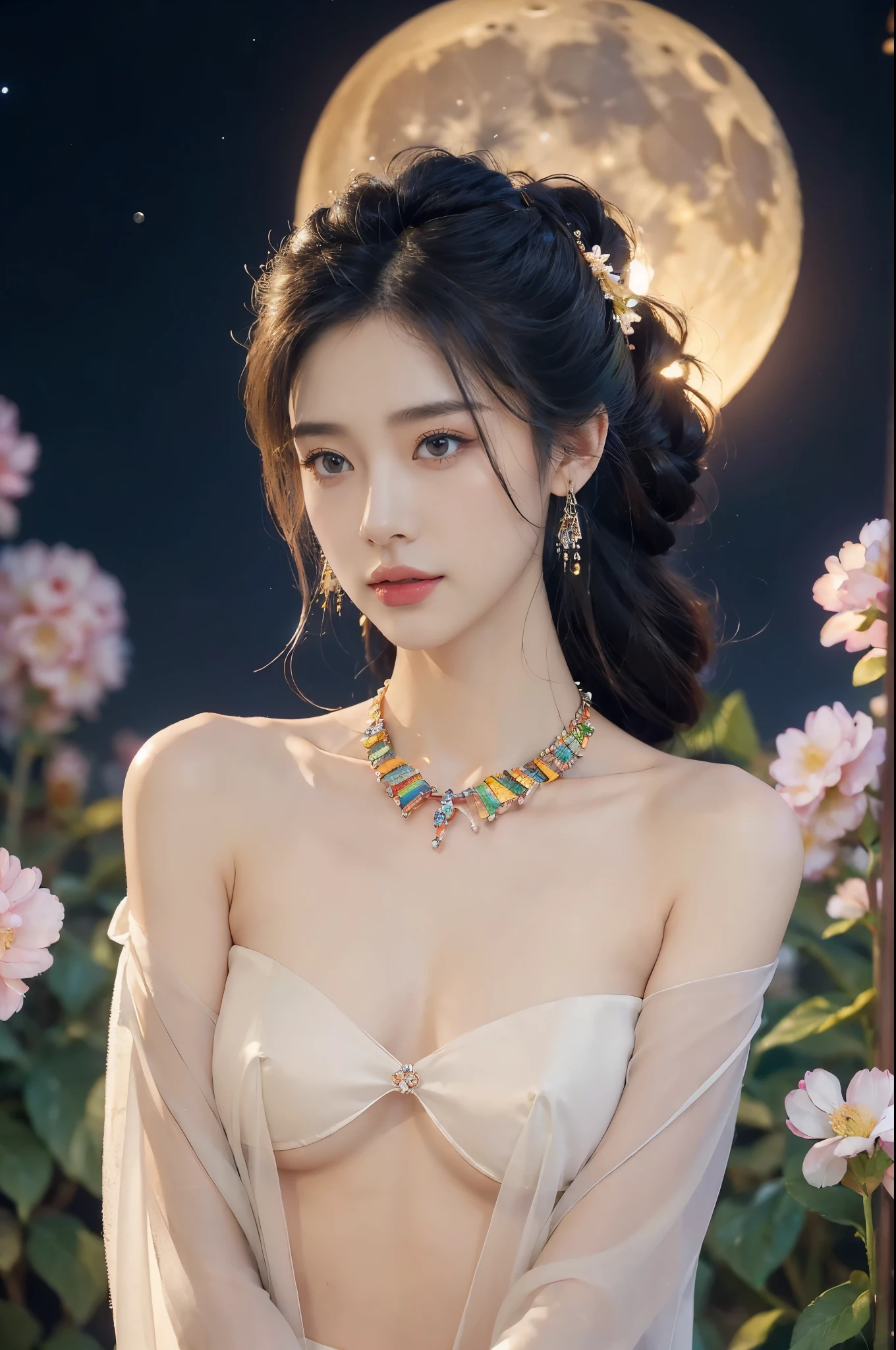 (((best quality))),(((ultra detailed))),(((masterpiece))),illustration,((1 beautiful girl,solo)),(neat chignon:1.2),((earrings,crystal necklace)),((slim,thin)),((small breasts,flat chest)),(stockings:1.3),(a moon in the clear night sky as the background:1.3), gentle glow,(Standing in the world full of vibrant flowers:1.3),(gorgeous sheer hanfu-dress:1.3),sparkling eyes,graceful,(surrounded by colorful flowers:1.5), kaleidoscope, shimmer,bright moonlight, delicate petals, fragrance, otherworldly, magical realm, enchantment, tranquility, essence of beauty, peace,(outdoor:1.),(night scene:1.3),((from front,upper body))