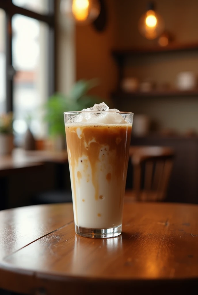 Realistic ice latte on the table of the coffee shop with no people around, close up