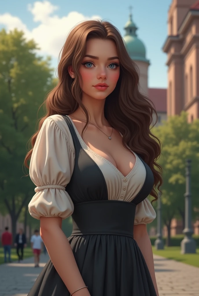 A Polish female university student. She's wearing some modest dress because she's Catholic. She has ample chest and feminine feature. She's 20 years old. She has blue eyes. She's in the university. She doesn't wear veil. She doesn't have wrinkles.
