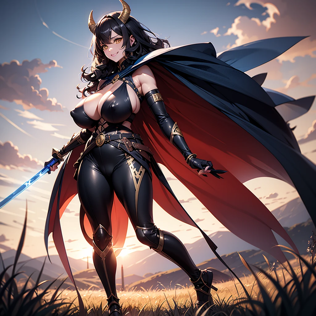 ((best quality)), (detailed), 1 women dark knight, 8k_wallpaper, extremely detailed eyes, (large masterpiece digital art), (intricate details:1.3 ), (ultra-detailed:1.3), (sharp focus:1.3), (natural lighting:1.05), (vivid colors:1.3), (best quality:1.4), expressive eyes, full body, detailed face, beautiful face, perfect face, ((hair black curls)), ((blue horns)), (gold eyes), {{dark skin}}, ({dark skinned female}), (big breasts), huge chest, big wide ass, powerful relief muscles of the abdomen and legs, powerful strong muscles of the arms, a predatory and daring look, a predatory smile with a lot of fangs, heavy steel armor of Japan and China clear outlines of large pointed nipples under the fabric, a wide yellow belt with chains and a large buckle, leather pants with steel shields on the hips and a skirt made of steel plates, clear outlines of a large vagina under the fabric, clutching a two-handed saber in his hands, standing in the background battlefields in the middle of flower-filled fields stained with blood at sunset, medieval and dark fantasy style,