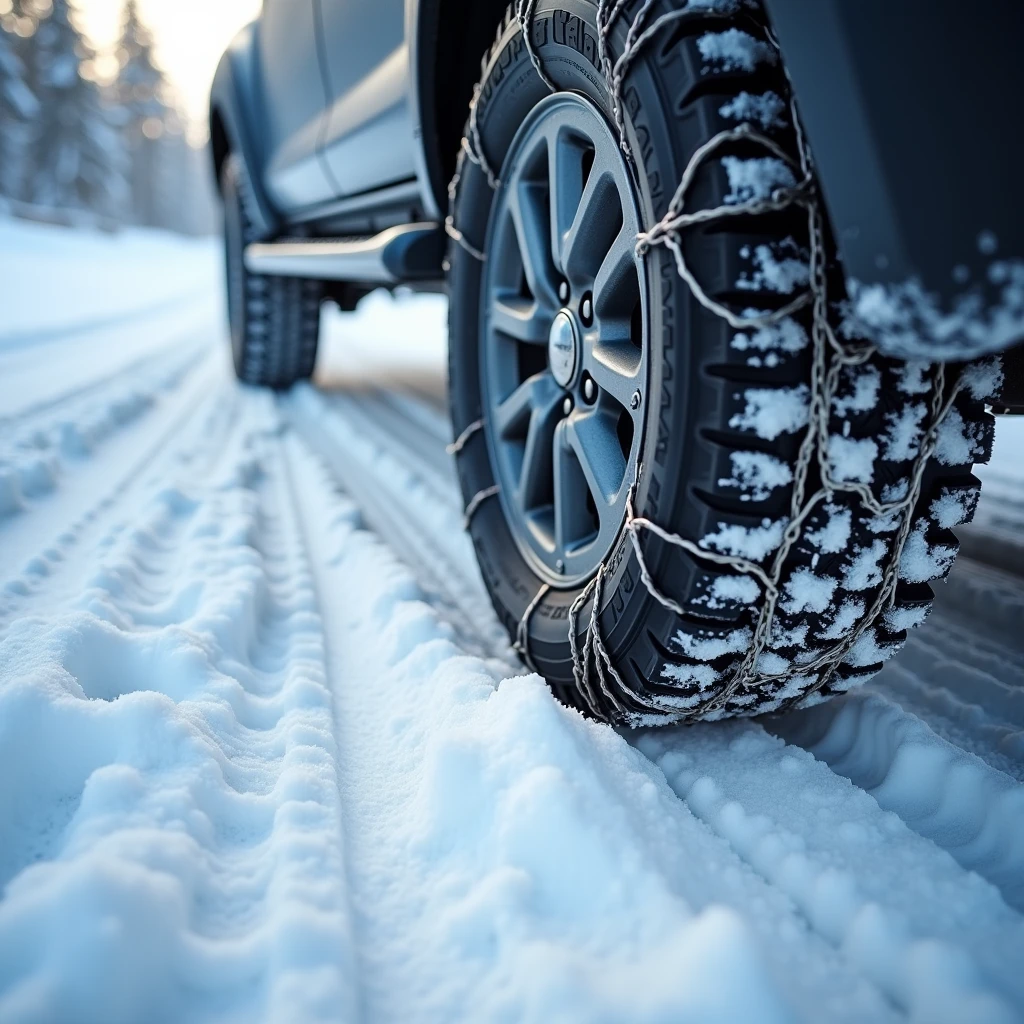 snow chains, close-up, snow covered roads,