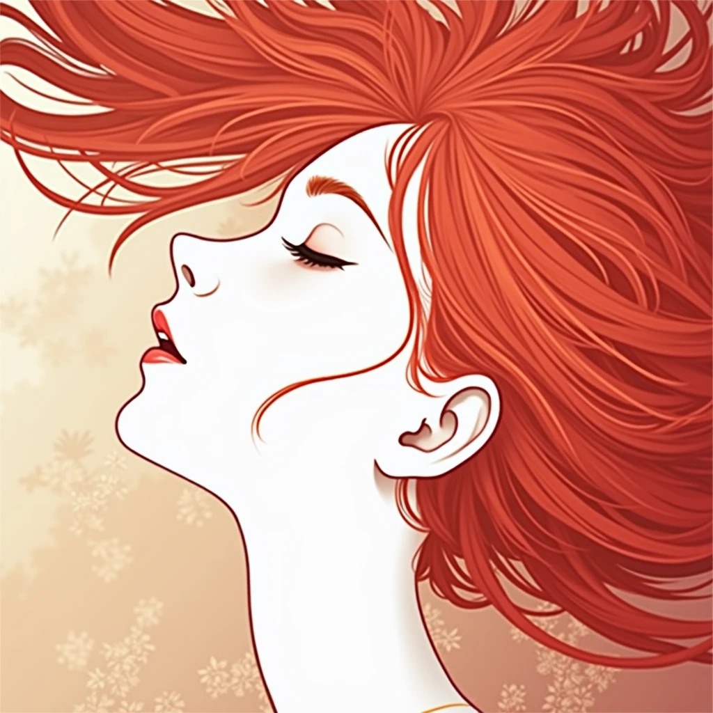 women, redhead, realistic image, closed eyes, chin up and hair blowing in the wind