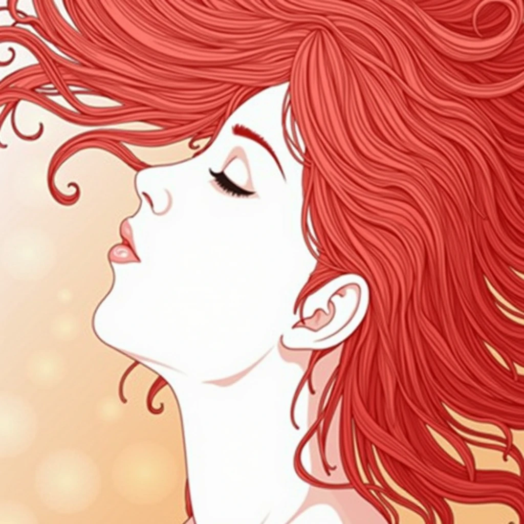 women, redhead, realistic image, closed eyes, chin up and hair blowing in the wind