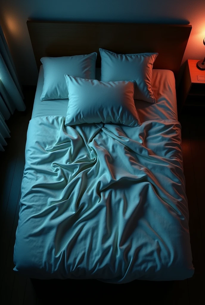 Love hotel High quality No windows in view Shot from directly above Bed Disheveled messy sheets Messy pillow image Dimly lit interior image